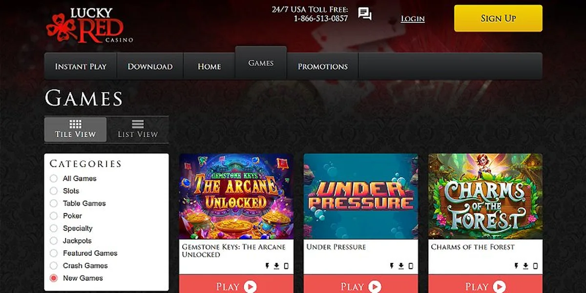 Lucky Red Casino games lobby showing RTG slots and table games at this Kentucky online casino