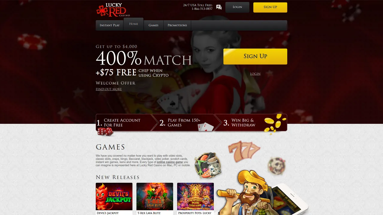 Lucky Red Casino real money casino homepage with bonus offers and game lobby