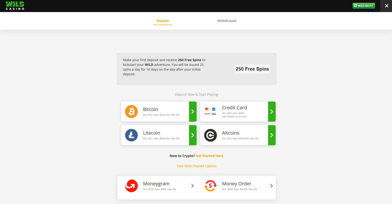Wild Casino withdrawal page with 18 cryptocurrency options for Kentucky online casino payouts